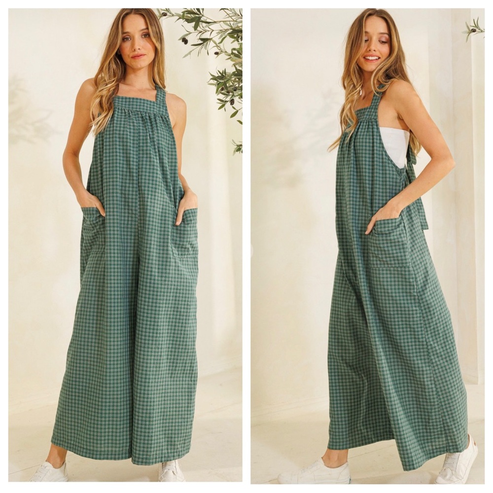 Boho Plaid Tie Back Wide Leg Jumpsuit